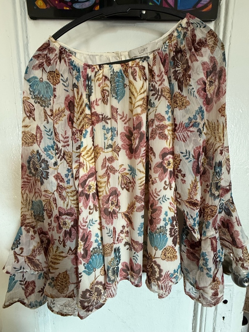 LOFT Floral Pleated Flowy Skirt in Cream with Blue & Brown Flowers size L
